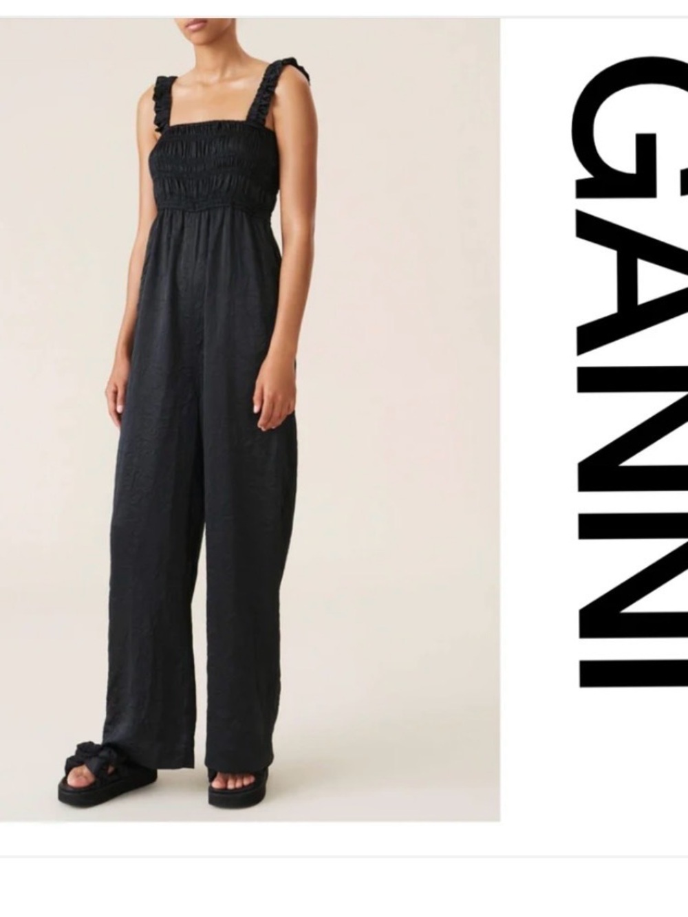 Ganni  Crinkled Black Smocked Wide-Leg Strap Jumpsuit Sz4